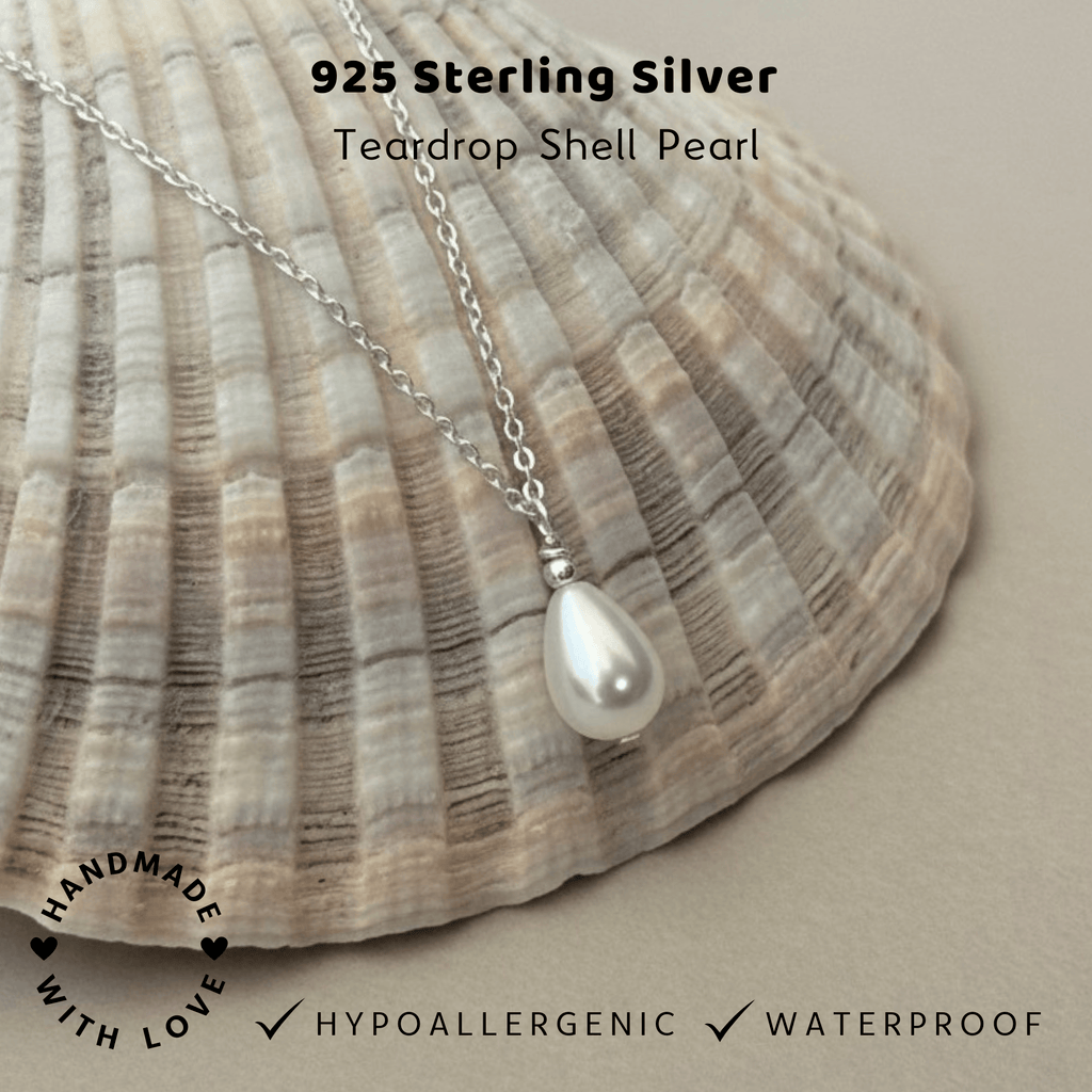 925 Sterling Silver Teardrop Shell Pearl necklace on a shell with 'Handmade with Love' and text overlay.