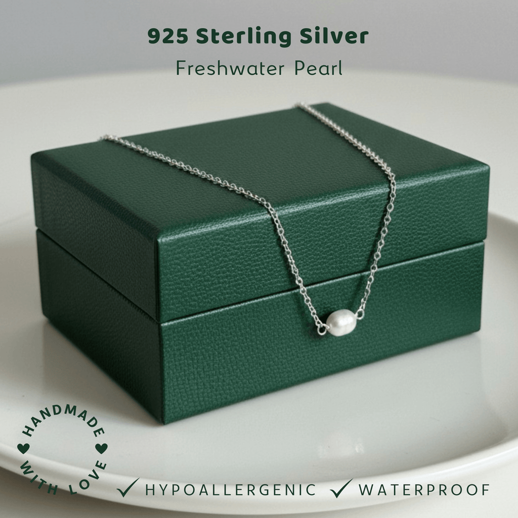 925 Sterling Silver Freshwater Pearl necklace on a green box with 'Handmade with Love' and product features text.