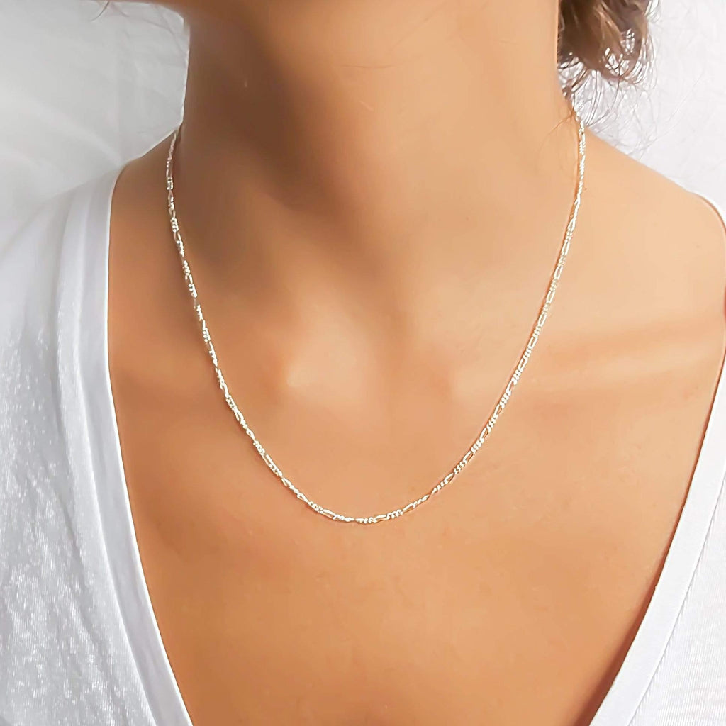 Dainty Sterling Silver Figaro Necklace, Minimalist Silver Link