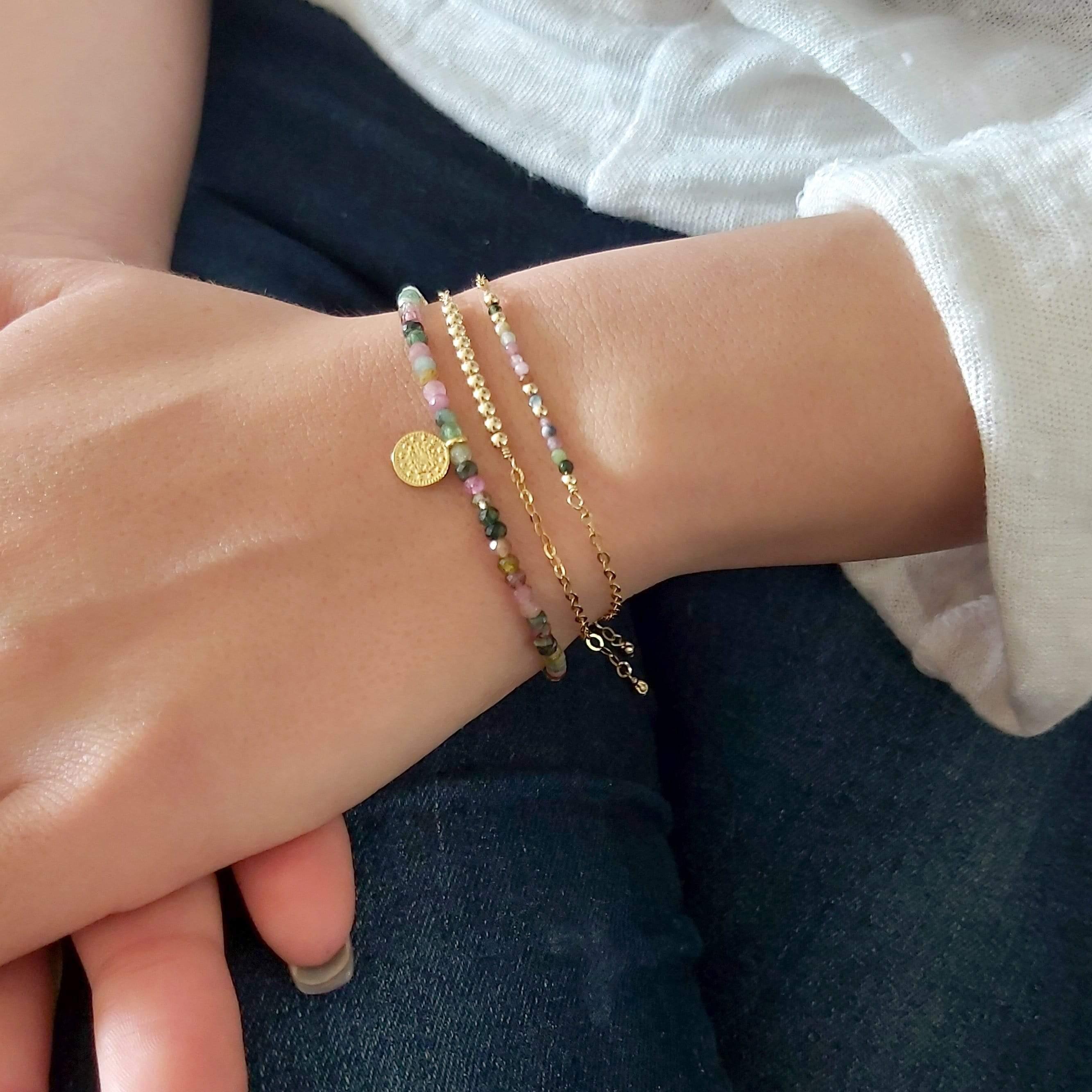 Popular Tourmaline bracelet,14k solid gold genuine tourmaline beaded bracelet,dainty tiny slim tourmaline stacking bracelet,annivetsary wife gift