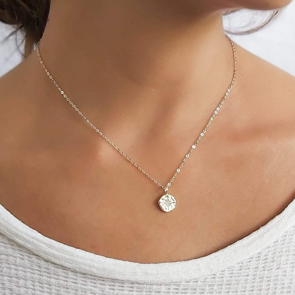 Silver Necklace with Hammered Disc and Cubic Zirconia North Star Setti–  annikabella